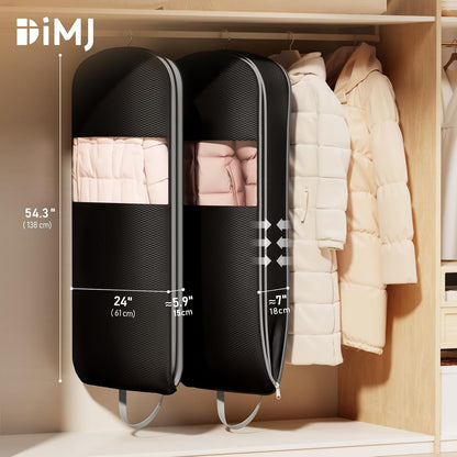 DIMJ 3 Pack 43" Garment Bags for Hanging Clothes - Space Saving Compression Suit Bag Travel with Handles Window, Washable Carry Clothing Storage Cover for Dress, Coats, Down Jacket, Shirts