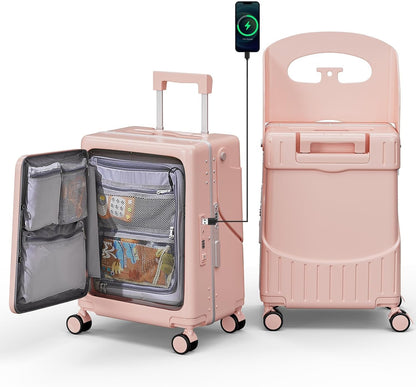 20" Hardshell Carry On Suitcase with Seat for Kids & Adults,Travel Luggage with Front Pocket & 4 Lockable Spinner Wheels, TSA Lock, USB Port, Luggage Cover, Safty Seatbelt