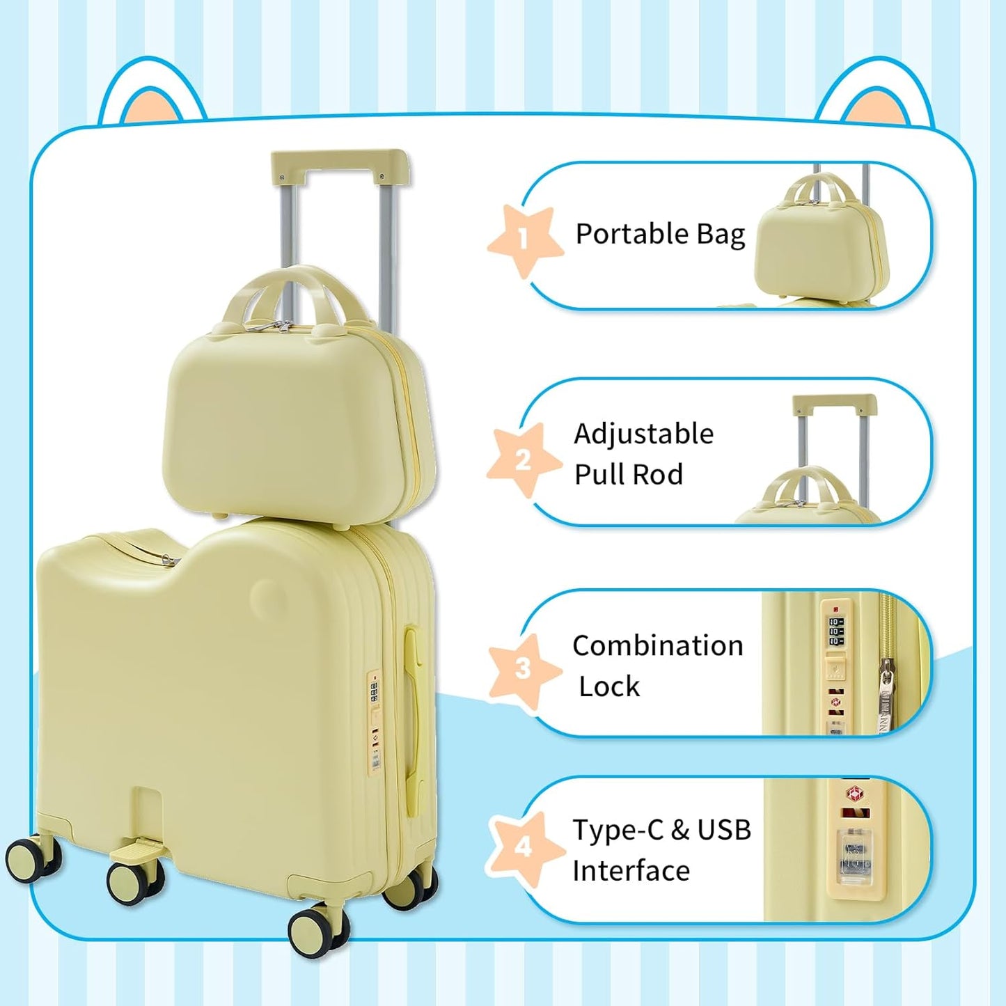 TABU Ride-on Luggage with Handbag for Kids，Hardshell Carry On Suitcase with Hidden Cup Holder, Foldable Pedal,Type-C & USB Interface, TSA Lock, 6-Spinner Wheels, Yellow