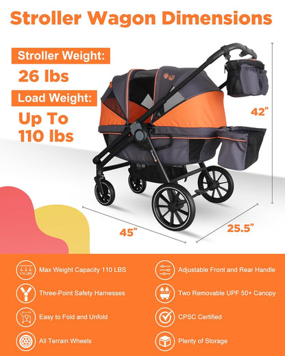 Tandem Wagon Stroller – All-Terrain 2-in-1 Push & Pull Design, Double Seat, Large Storage, Adjustable Canopy, Removable Child Tray for Kids Outdoor Adventures & Family Outings