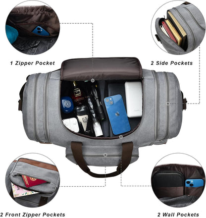 Litvyak Duffle Bag for Travel, Large 60L Canvas Travel Duffel Bags Overnight Weekend Gym Carry On Luggage Bag for Men & Women(Grey)