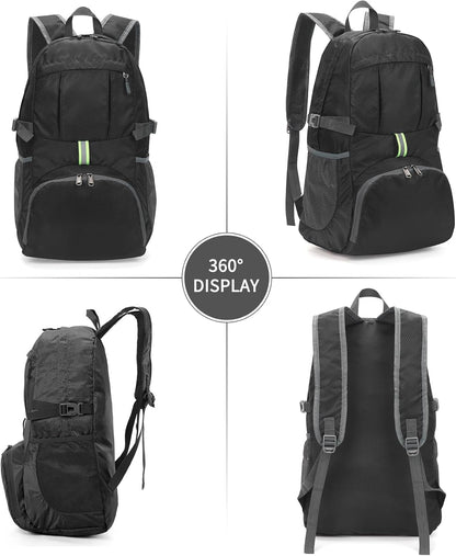 Yaopeing Lightweight Backpack,25L Foldable Hiking Packable,Water Resistant Travel Outdoor Shoulder Bag for Woman Men,Black