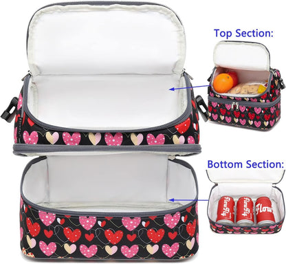 FlowFly Double Decker Cooler Insulated Lunch Bag Large Tote for Boys, Girls, Men, Women, With Adjustable Strap,Heart