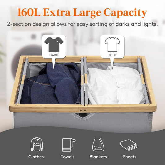 Lifewit 160L Double Laundry Hamper with Lid, Extra Large Bamboo Laundry Basket Dirty Clothes Hamper, 2 Section Laundry Bin Organizer for Laundry Room Bedroom with 2 Removable Liners & Bags, Gray