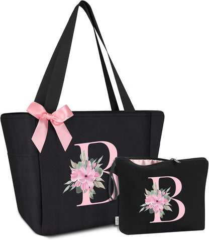 Vavabox Tote Bag, A-Z Initial Monogrammed Waterproof Tote Bag, Bridesmaid Gifts for Women, Black and Pink
