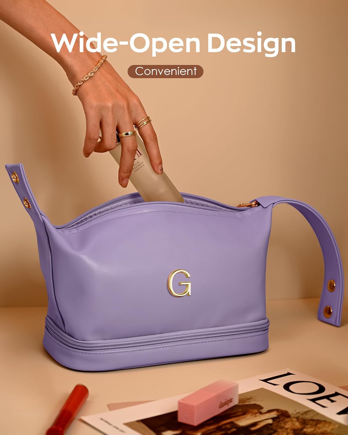 Initial Makeup Bag Personalized Bags with Handle, Waterproof Double Layer Cosmetic Bag, Large Capacity PU Leather Makeup Bags Letter Travel Toiletry Bag with Makeup Brush Organizer