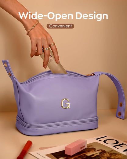Initial Makeup Bag Personalized Bags with Handle, Waterproof Double Layer Cosmetic Bag, Large Capacity PU Leather Makeup Bags Letter Travel Toiletry Bag with Makeup Brush Organizer