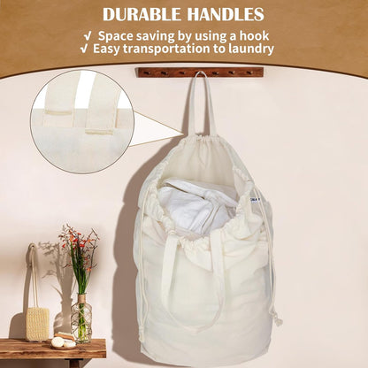 Canvas Laundry Bags with Handles & Square Base 13.8"x 13.8", Large Heavy Duty Laundry Basket Hamper Liner, College Dorm Washable Drawstring Cotton Dirty Clothes Bag (Beige,1 Pack)