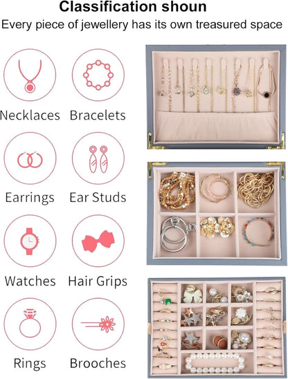 Small Jewelry Organizer for Women, 2-Layer Travel Jewelry Box with Portable Case, Necklace Ring Storage for Dresser, Girls Teens Gifts (Grey)