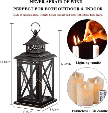 DECORKEY Lantern Decorative Indoor & Outdoor, Large Hanging Candle Lanterns Home Decor, Vintage Metal Candle Holders for Front Porch Patio Wedding Party, Halloween Christmas Decorations (Black)