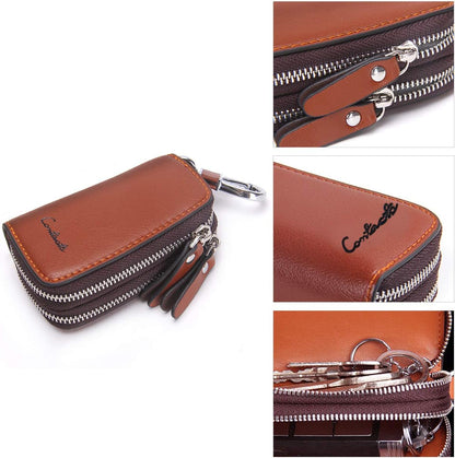 CONTACTS Car Key Case Small Leather Double Zipper Key Holder with 4 Keyrings Keys Organizer for Men Women