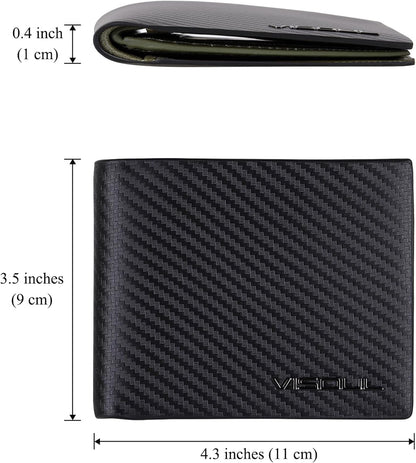 VISOUL Leather Mens Bifold RFID Blocking Wallet with 2 ID Windows, Leather Wallet for Men (Carbon Fiber, Black+Green)