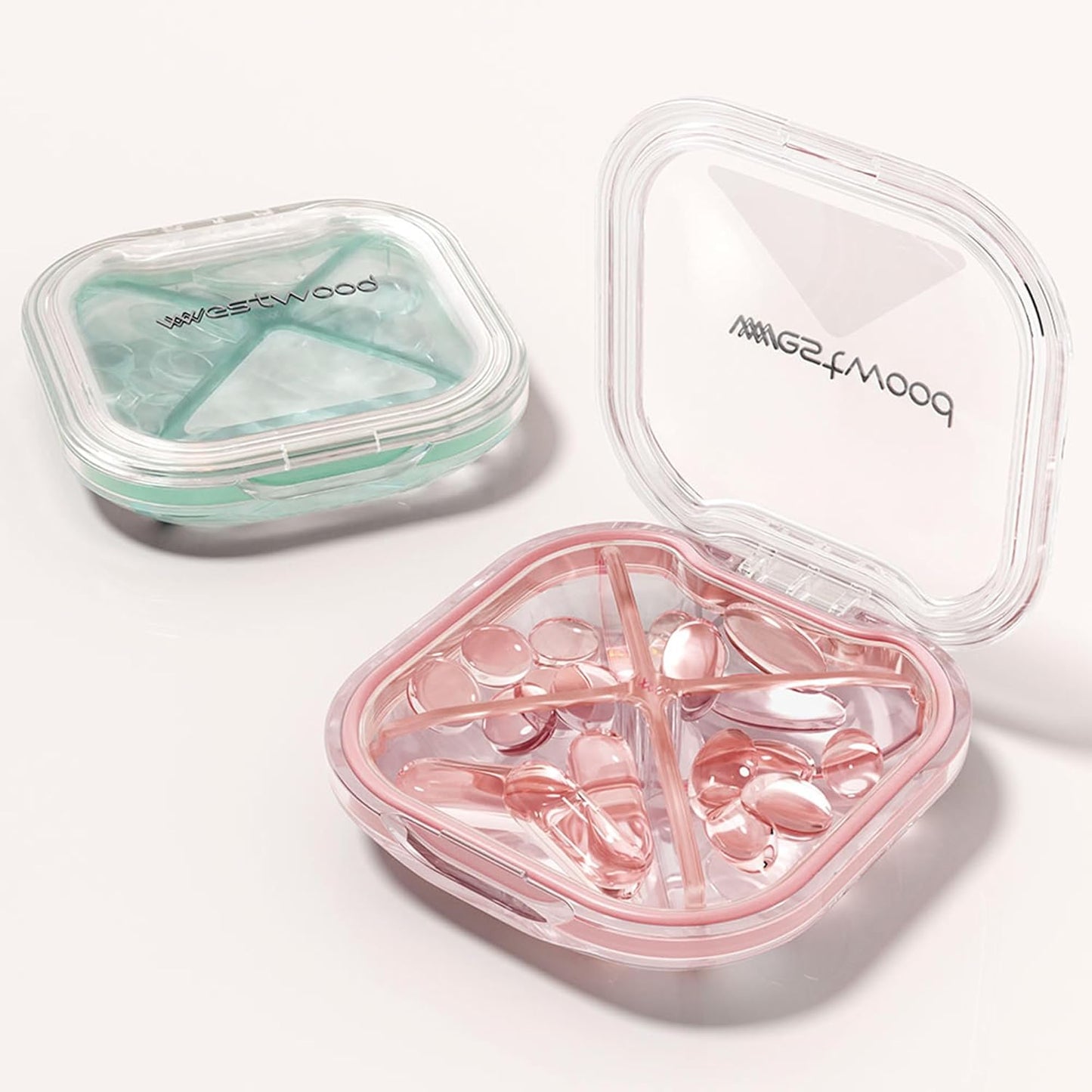 1 Pack Small Pink Pill Organizer, 4 Compartments, Compact Stylish Cute Travel Camping Pill Box Daily Medicine Pill Case, Portable and Moistureproof to Store Vitamins, Medication and Supplements