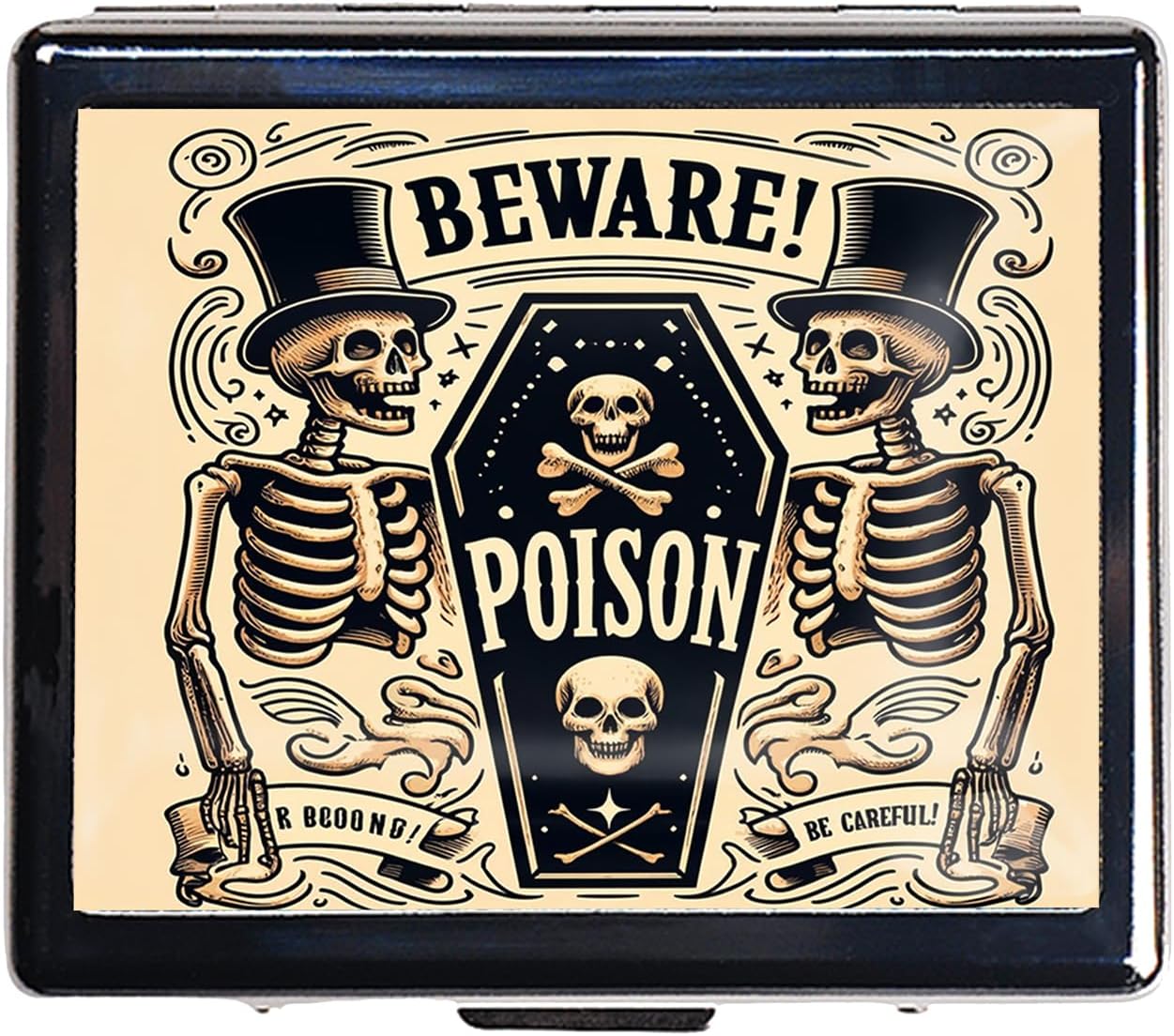 Cute and Portable Metal Pill Organizer – 8 Compartments, Elegant Chrome Finish, Ideal for Travel and Daily Use (Beware Poison Coffin)