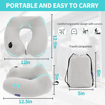 Inflatable Travel Neck Pillow for Airplane, Head Support Velvet Adult Neck Pillow for Long Flight, Kit with Eye Mask, Earplugs and Storage Bag,1, Light Gray