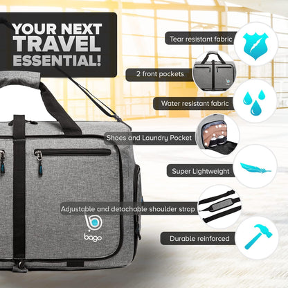 Bago Foldable Duffel Bags for Traveling Women & Men - 60L Medium Packable Duffle Bag for Travel with Shoe Compartment - Water Repellant, Heavy Duty, Lightweight Folding & Collapsible (SnowGray)