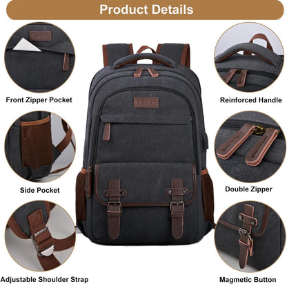 Mactso Canvas Travel Laptop Backpack for Men Women, Business Work Rucksack College School Computer Bag Fits 15.6 Inch Notebook,Bookbag with USB Charging Port (Black, 15.6 Inch)