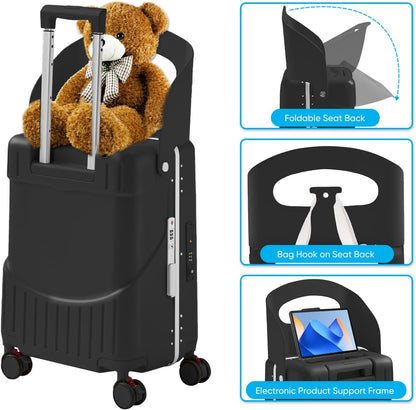 20 Inch Ride on Luggage With Seat For Kids&Adults,with Front Pocket, Foldable Seat Back TSA Approved Lock, 360° Spinner Wheels (20 inch,Black)