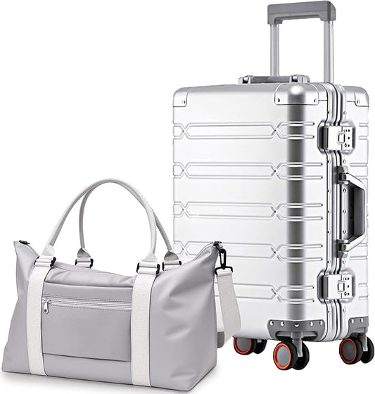 WEICHEN All Aluminum Magnesium Carry On Luggage with Duffle-Travel Bag, 22x14x9 Airline Approved 20 Inch Hard Shell Suitcase with Spinner Wheels and TSA Lock