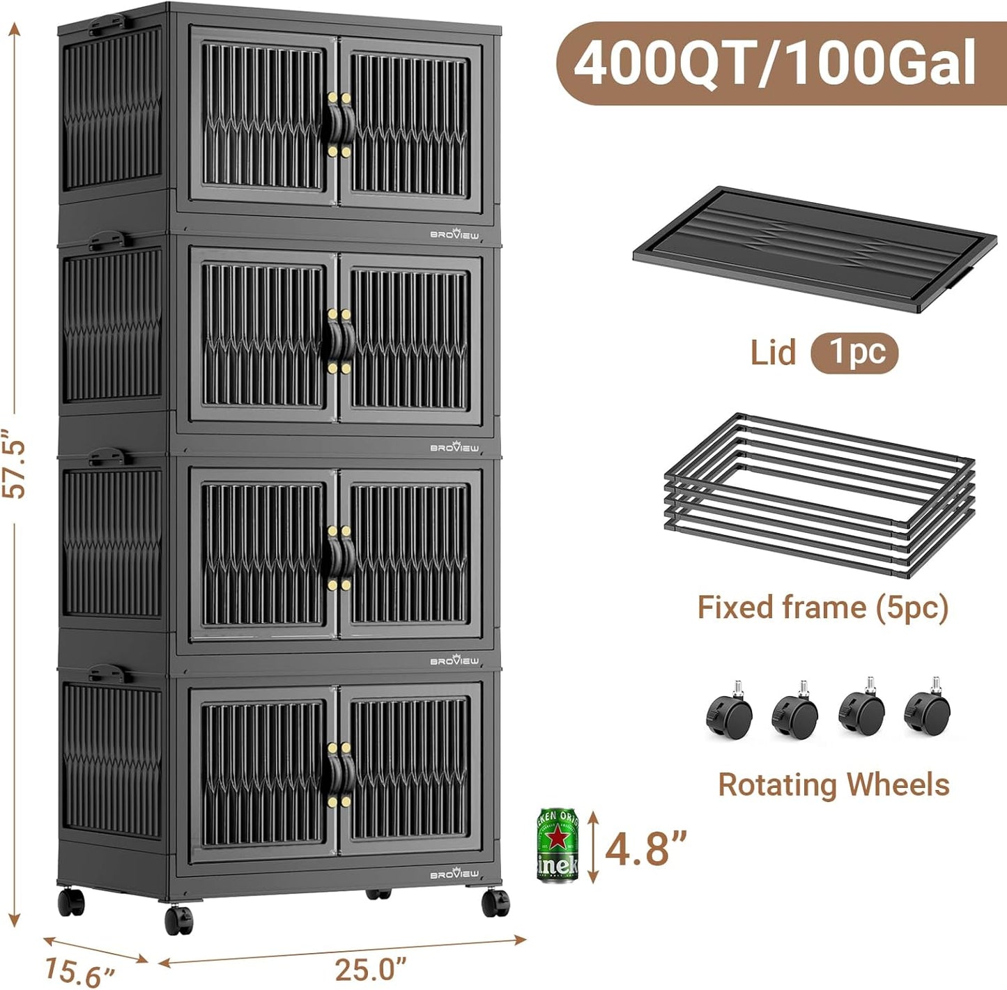 BROVIEW 400Qt Stackable Storage Bins with Lid, Extra Large Closet Organizer Collapsible Drawer Boxes with Wheels, Folding Plastic Cabinet Containers for Home Kitchen Room Organization, 4Pack Black