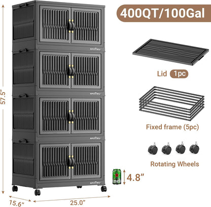 BROVIEW 400Qt Stackable Storage Bins with Lid, Extra Large Closet Organizer Collapsible Drawer Boxes with Wheels, Folding Plastic Cabinet Containers for Home Kitchen Room Organization, 4Pack Black