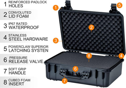 MEIJIA All Weather Portable IP67 Waterproof Protective Case, Hard Camera Case with customizable foam, Perfectly Protection of Camera, Drones,Pistols,Lens,Equipments,Black,18.5 x14.06x6.93inches