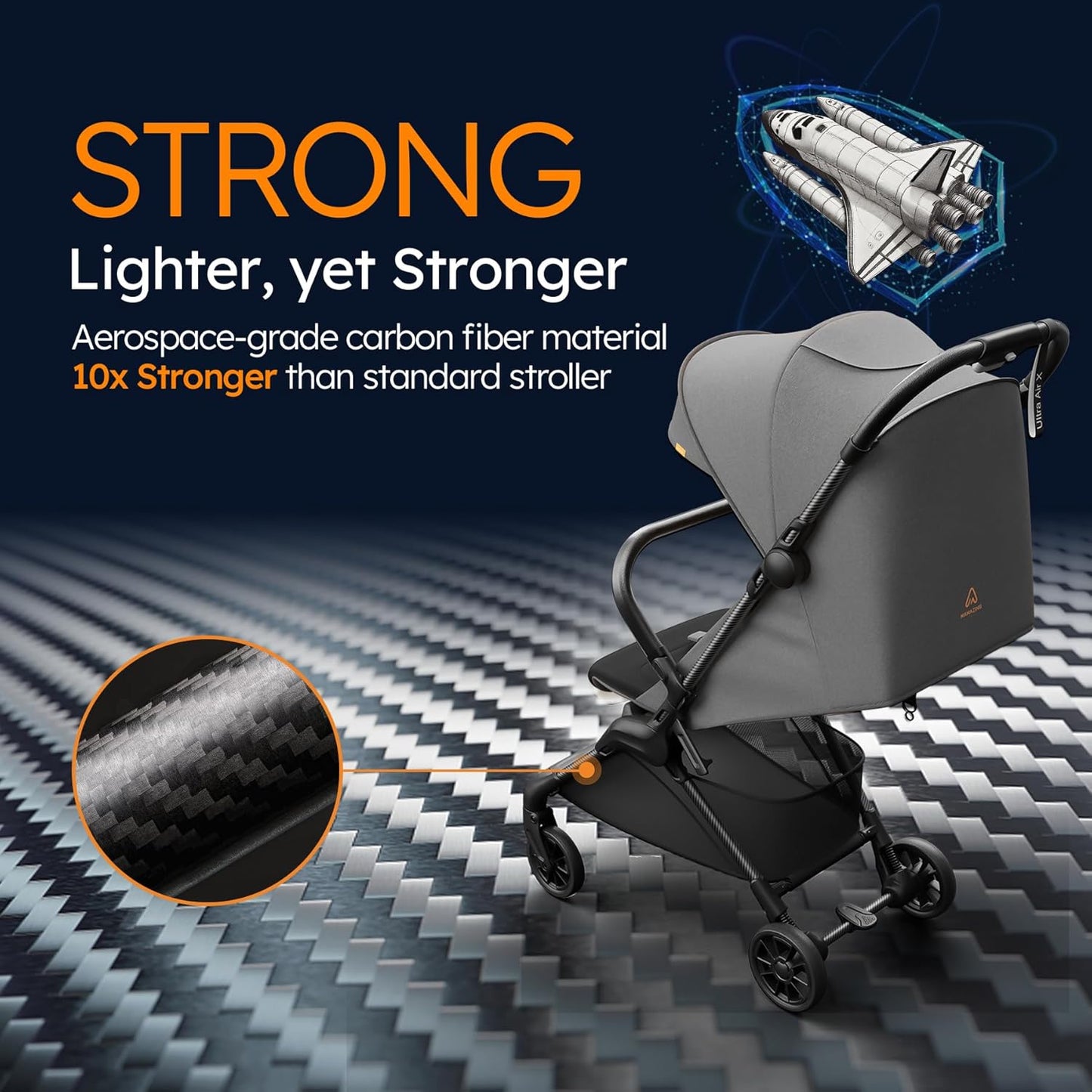 MAMAZING Ultra Air X Travel Stroller - Ultra-Lightweight Under 10 lbs, Carbon Fiber Frame & Airplane Friendly, Lightweight Stroller with Reclining Seat, UPF 50+ Canopy & Travel Bag