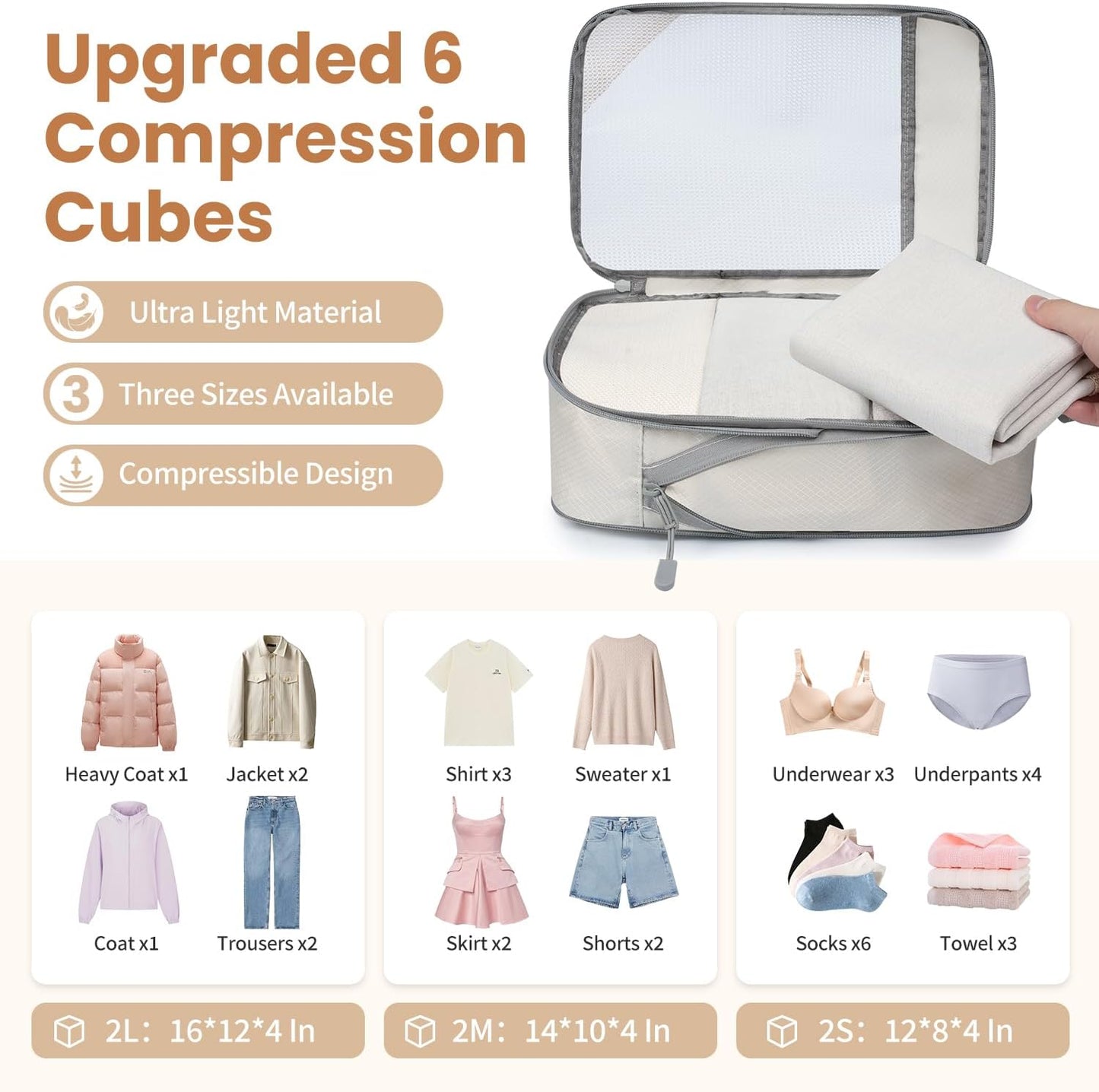8 Set/6 Set/4 Set Compression Packing Cubes for Travel, Lightweight Vacation Travel Essentials, Travel Accessories for Suitcase Organizer Bags Set, Durable Luggage Organizer