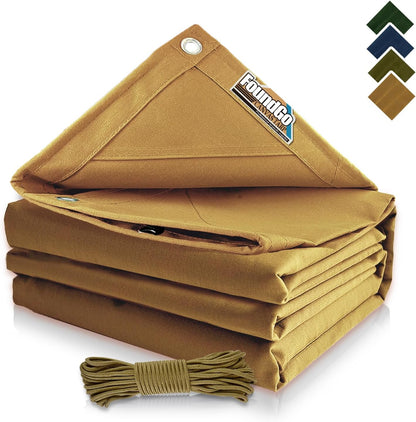 FoundGo 20x20ft Canvas Tarp 22 Mil Tarps 14 oz Canvas Tarpaulin Heavy Duty Cloth Water/UV Resistant Cover with Rustproof Grommets & Ropes for Cars,Roofs,Boats,Camps,Sunshades，Moisture Barrier -Tan