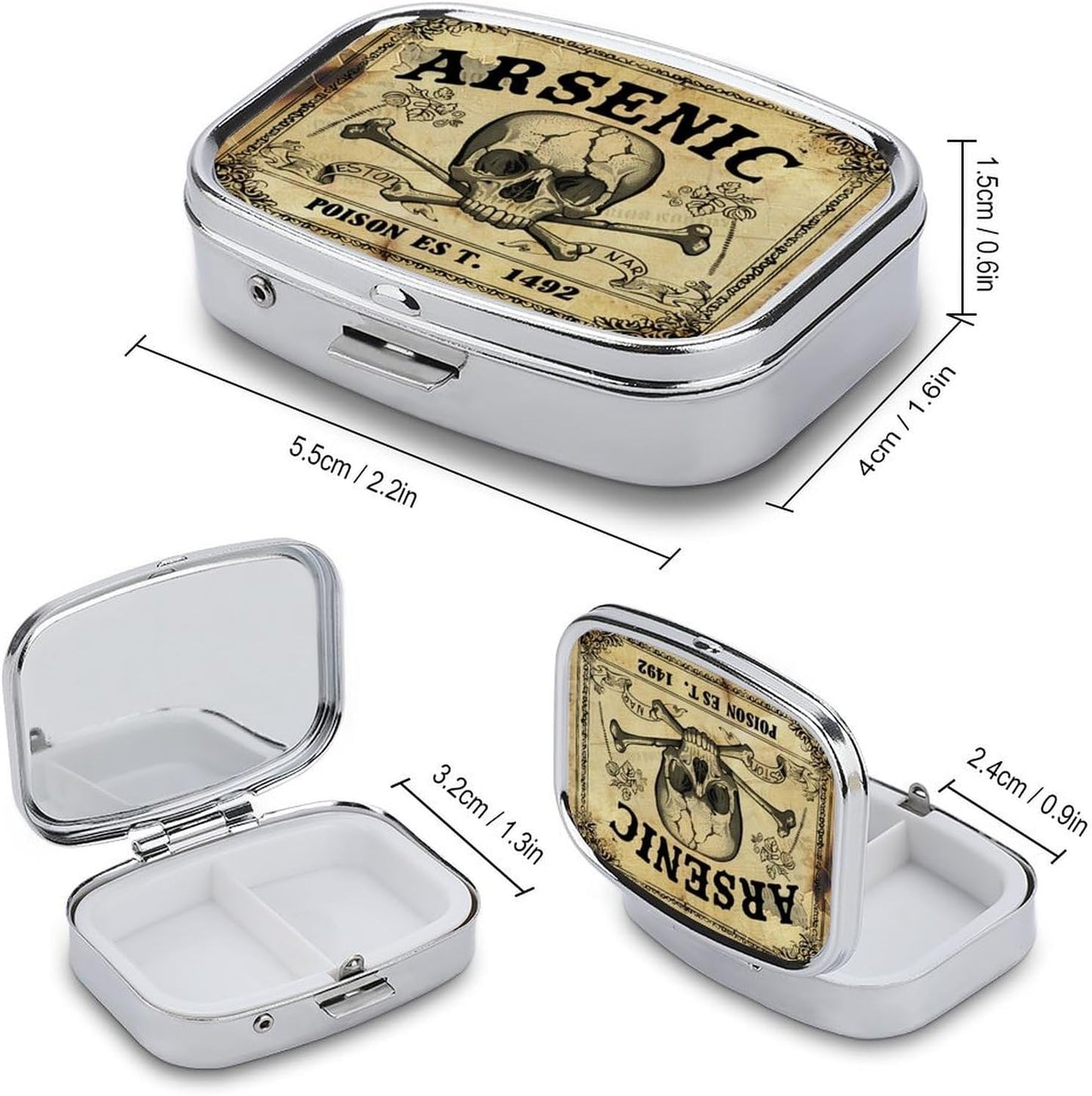 Metal 2 Compartment Pill Organizer Travel Friendly Portable Compact Pill Box Cute Pill Case to Hold Vitamins,Fish Oil,Supplements,Meds,Tablet for Purse,Pocket. (Vintage Skeleton)