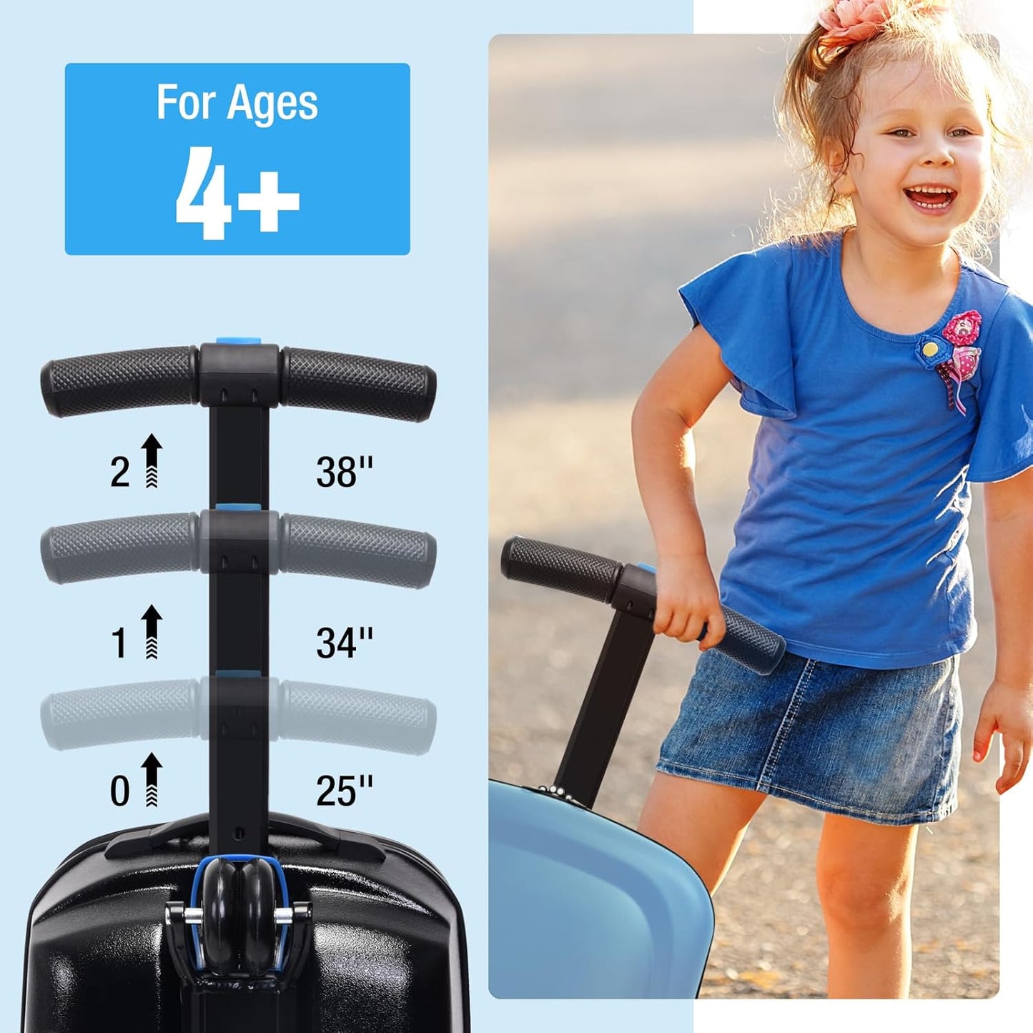 20" Scooter Suitcase for Kids, 2-in-1 Ride On Luggage with Wheels for Boys & Girls Ages 4-15, Foldable Hardshell Carry On Lightweight Travel Suitcase for Airplane