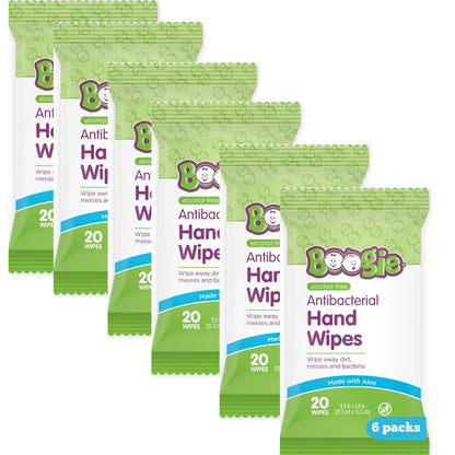 Antibacterial Hand Wipes by Boogie, Alcohol Free, Hypoallergenic and Moisturizing Aloe, Hand Wipes for Kids and Adults, 6 Packs of 20 (120 total wipes)