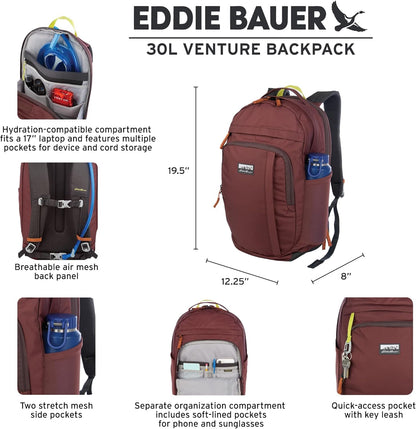 Eddie Bauer 30L Venture Backpack, Hydration and Laptop Compatible Daypack, Dusty Jade