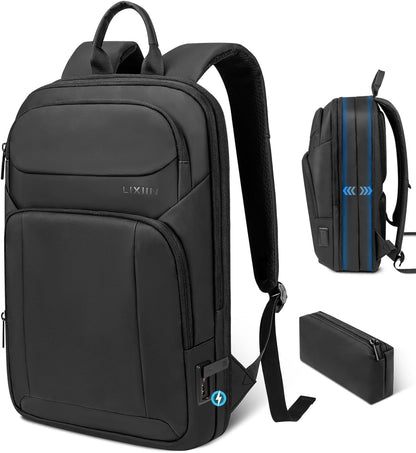 Backpack for Men Slim & Expandable Travel Laptop Backpack with USB Charging Port Water Resistant Anti-Theft Business Backpack Fits 15.6In Laptop for Commute Work College with Small Bag(Business Black)