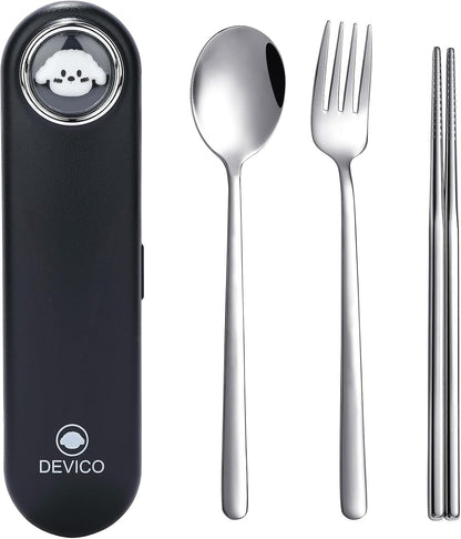 DEVICO Travel Utensils with Case Cute, Reusable Silverware for Lunch, Portable Cutlery Set, 18/8 Stainless Steel Fork Spoon Chopsticks in Cartoon Case, Dishwasher Safe (Black)