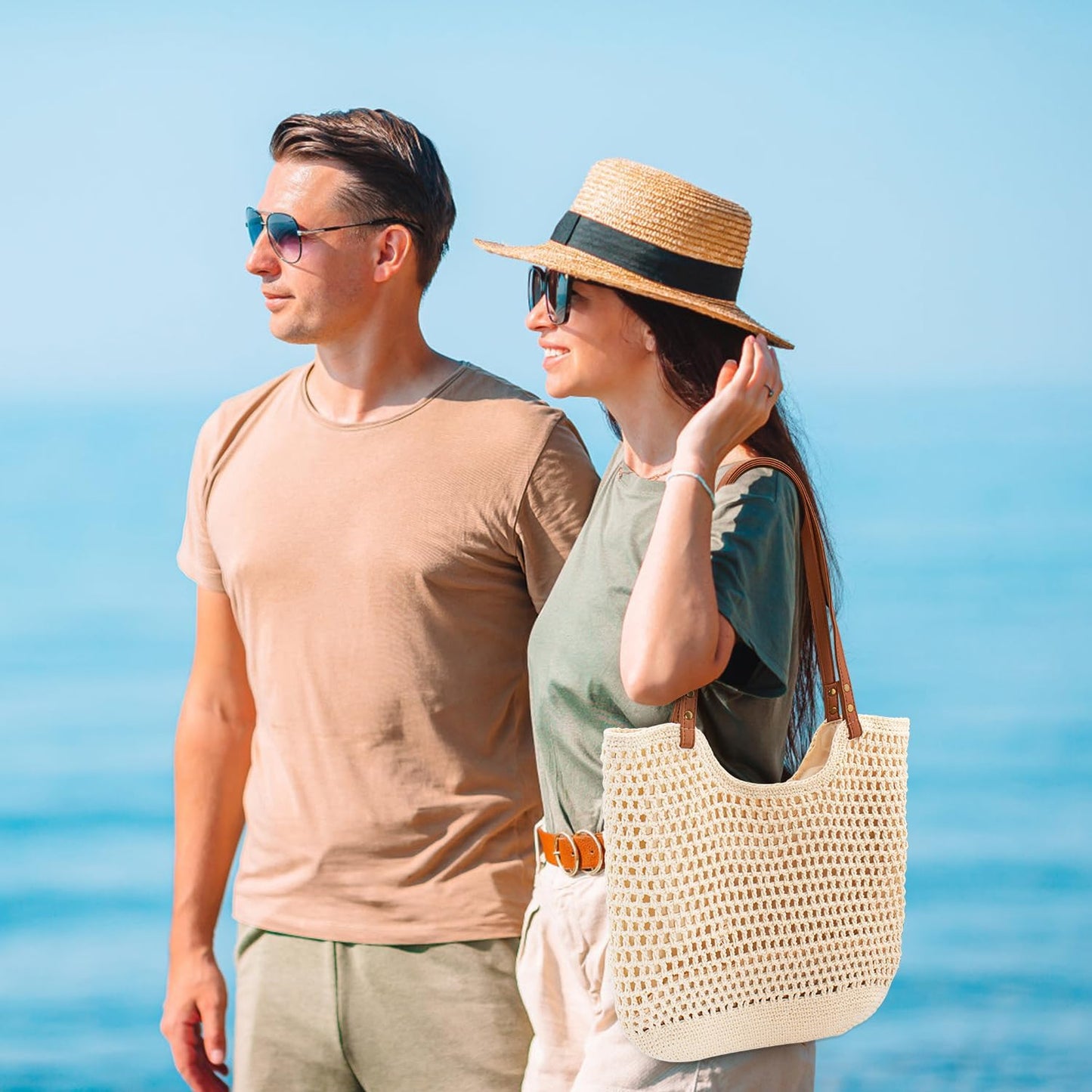 Peicees Crochet Beach Bag For Women Summer Tote Bag Boho Shoulder Bag With Leak-Proof Lining for Vacation Travel Woven Purse