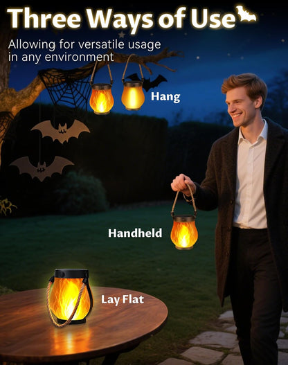 Kaliqo Solar Lantern Outdoor Lights - Official, Waterproof Kaliqo Solar Flame Lights Hangable with Dancing Flame, Hemp Rope Hanging Flame Lanterns,Dual Charging Modes, Smokeless (4pcs)