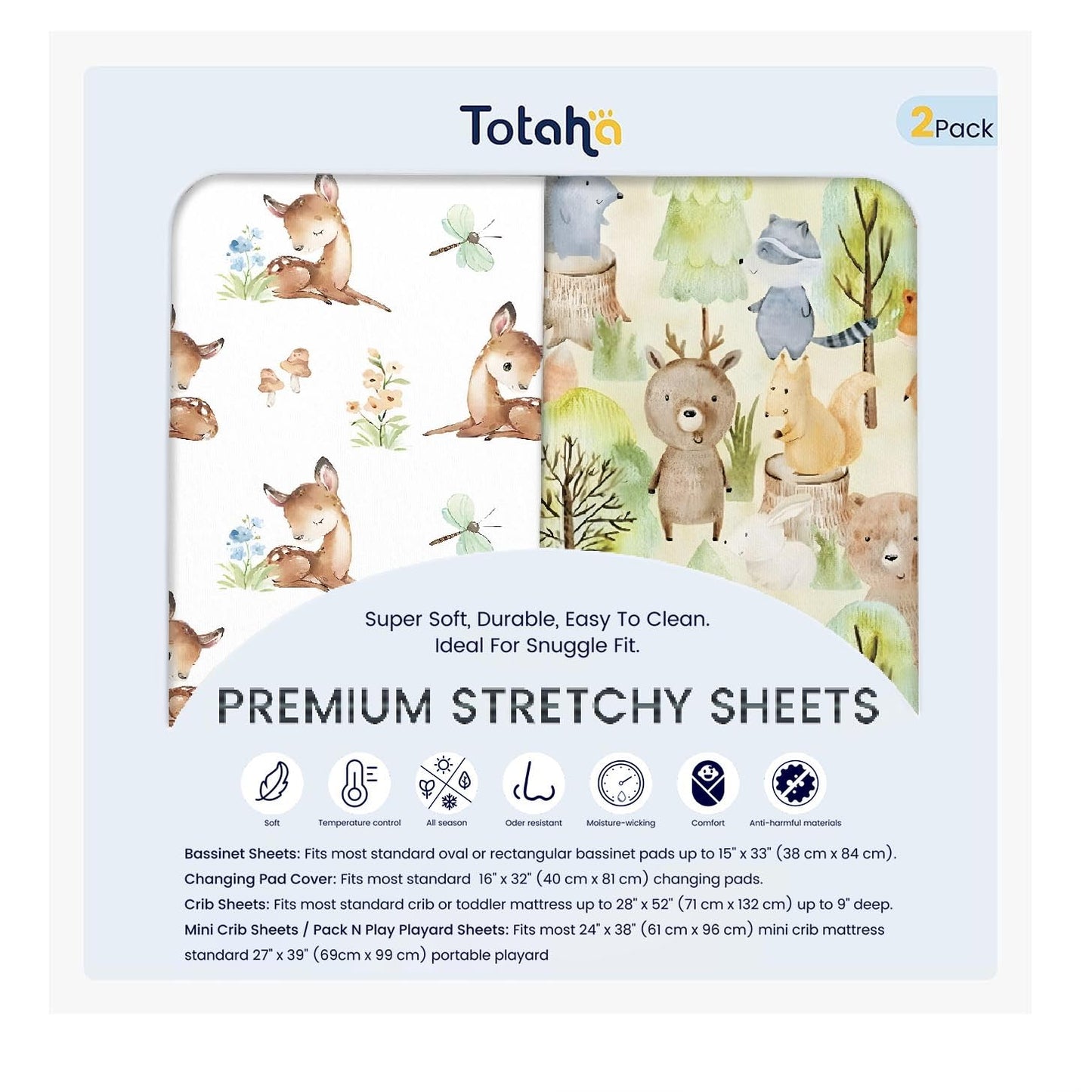 TotAha Premium Stretchy Crib Sheets (2-Pack)-Hypoallergenic, Silky Comfort, Buttery Soft, Calming Effect, All-Season Jersey-Knit Sheets, 9'' Extra Deep Pocket, Forest Bear & Cute Deer