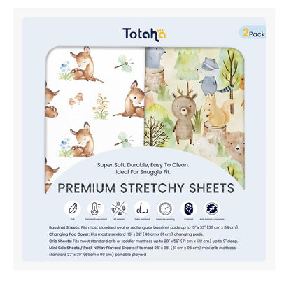TotAha Mini Crib Sheets 24x38, Ultra Soft Pack N Play Sheets Fitted Boy Girl, Super Stretchy Jersey Knit Pack and Play Mattress Sheets, Hypoallergenic, Forest Bear & Cute Deer