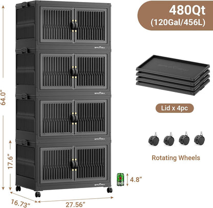 BROVIEW 480Qt Stackable Storage Bins with 4 Lids, Extra Large Closet Organizer Collapsible Drawer Boxes with Wheels, Folding Plastic Cabinet Containers for Home Kitchen Room Organization, 4Pack Black