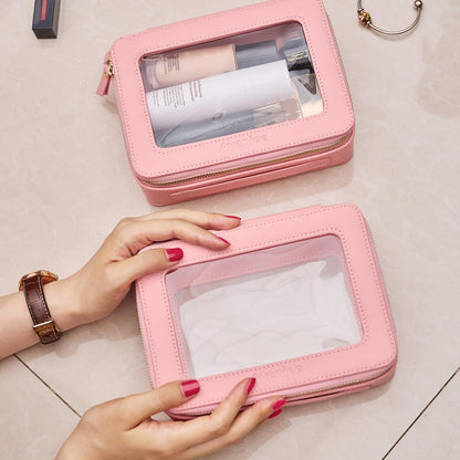 Aveniee Clear Makeup Bag Organizer Set,Portable Travel Toiletry Case for Women, Vegan Leather Cosmetic Pouch Car Bag for Essentials 2pcs,Middle & Large,Pink