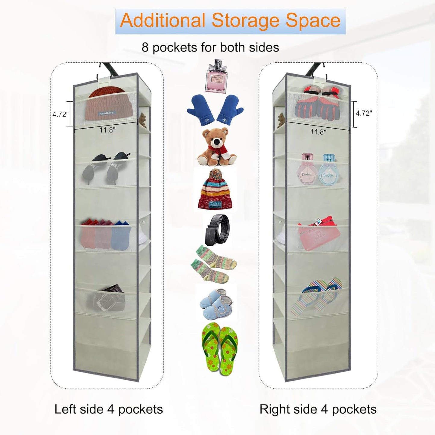 2 Pack Large-Sized Hanging Shoe Organizer 10-Shelf, Sturdy Hanging Closet Organizer with 8 Side Pockets, Wider Hanging Shelves for Storage Shoes Clothes Jeans Shirts Toys, Beige