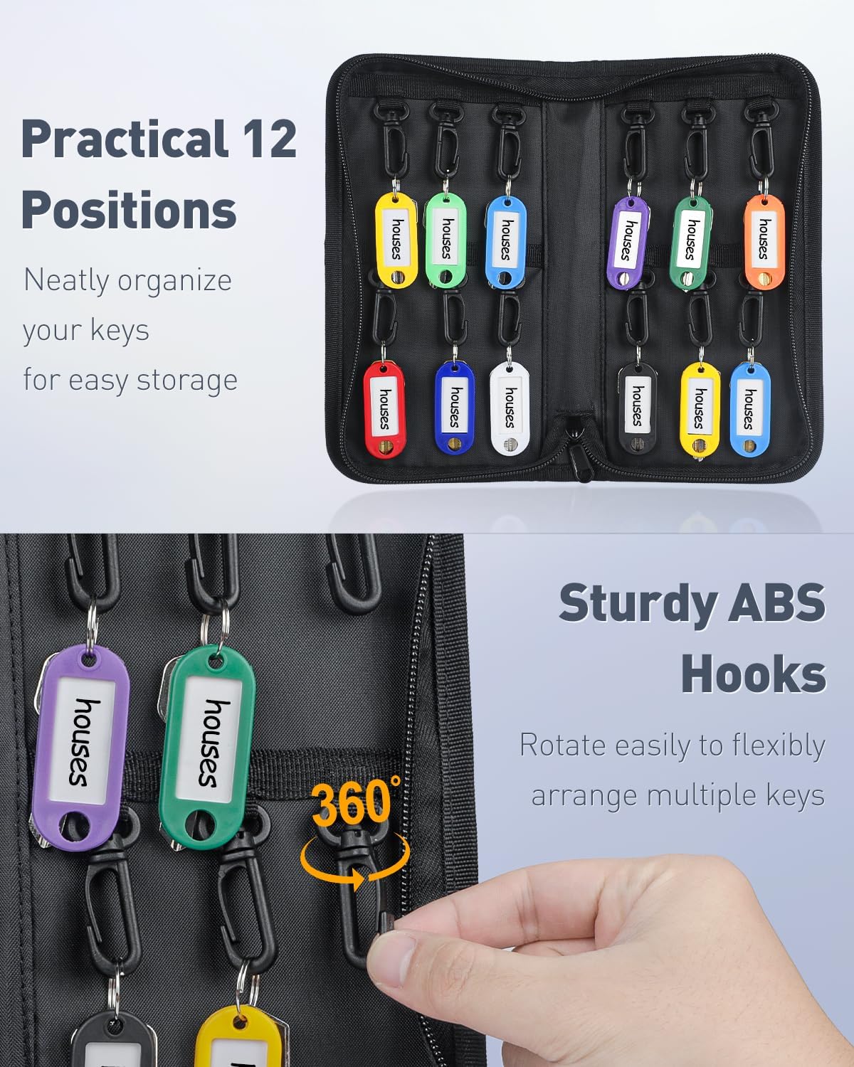 Uniclife Portable Zippered Key Case Waterproof and Fireproof Key Organizer with 12 Colorful Key Tags and Hooks Key Storage Book for Offices Real Estate Agencies Hotels and Rental Management