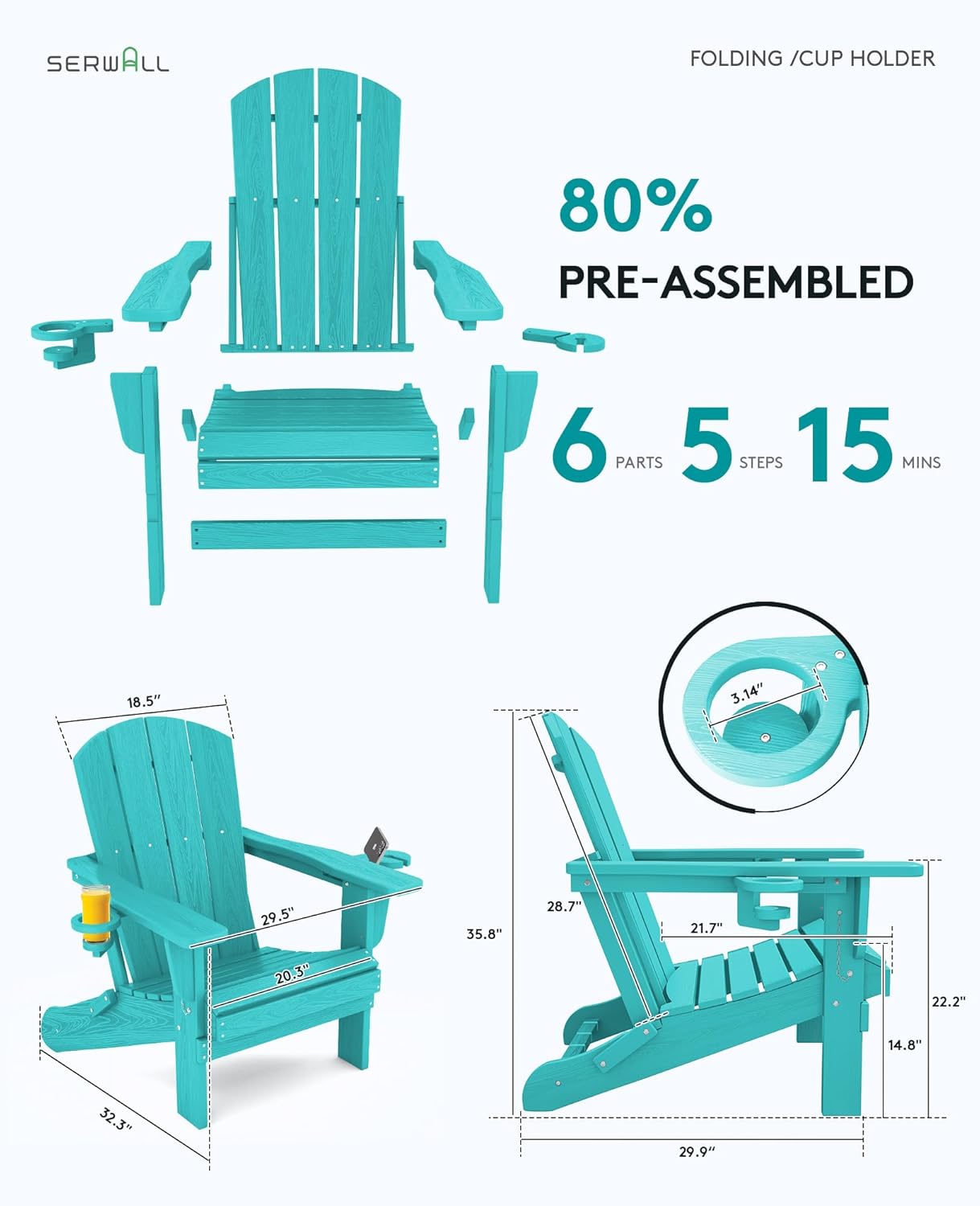SERWALL Adirondack Chair with Cup Holders - Composite Adirondack Chairs Set of 8 HDPE Outdoor Chairs All Weather Use- Aruba