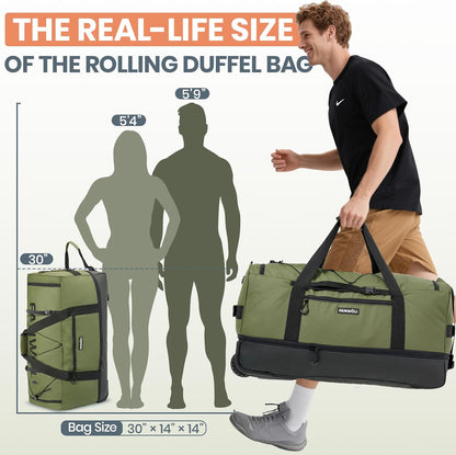 Fanwoli 30'' Rolling Duffel Bag with 2 Wheels - No-Sag Design for Heavy Loads, Expandable 100L-120L Waterproof Luggage, Foldable Lightweight Design with Muti Straps & Lock for Travel
