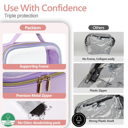 PACKISM TSA Approved Toiletry Bag - Glitter Textured Clear Travel Bag, Personalized and Fashion, with 180° Large Opening and Supporting Frame, Perfect for Travel Essentials, Thick No Smell, Purple