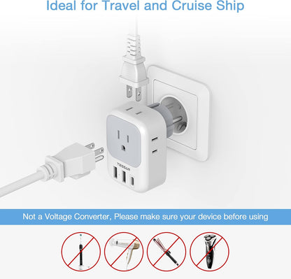 TESSAN 2 Pack Type E F Plug Adapter USB C, Germany France Power Adaptor with 3 USB Charger Ports, 4 AC Outlets Travel Plug for US to Europe EU Spain Iceland Korea Greece Russia German French