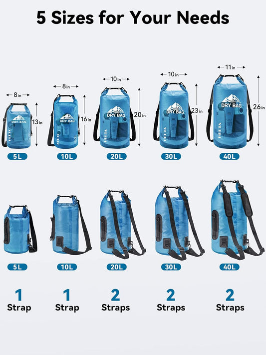 HEETA Dry Bag Waterproof for Women Men, 5L/10L/20L/30L/40L Roll Top Lightweight Dry Storage Bag Backpack with Phone Case for Travel Swimming Boating Kayaking Paddle Board Camping Beach Accessories