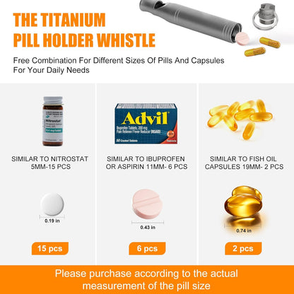 Titanium Emergency Whistle with Hidden Pill Holder Case, Portable Waterproof Fob Medicines Organizer 120db+ Survival Whistles Keychain Container for Outdoors, Camping, Travel EDC Accessories