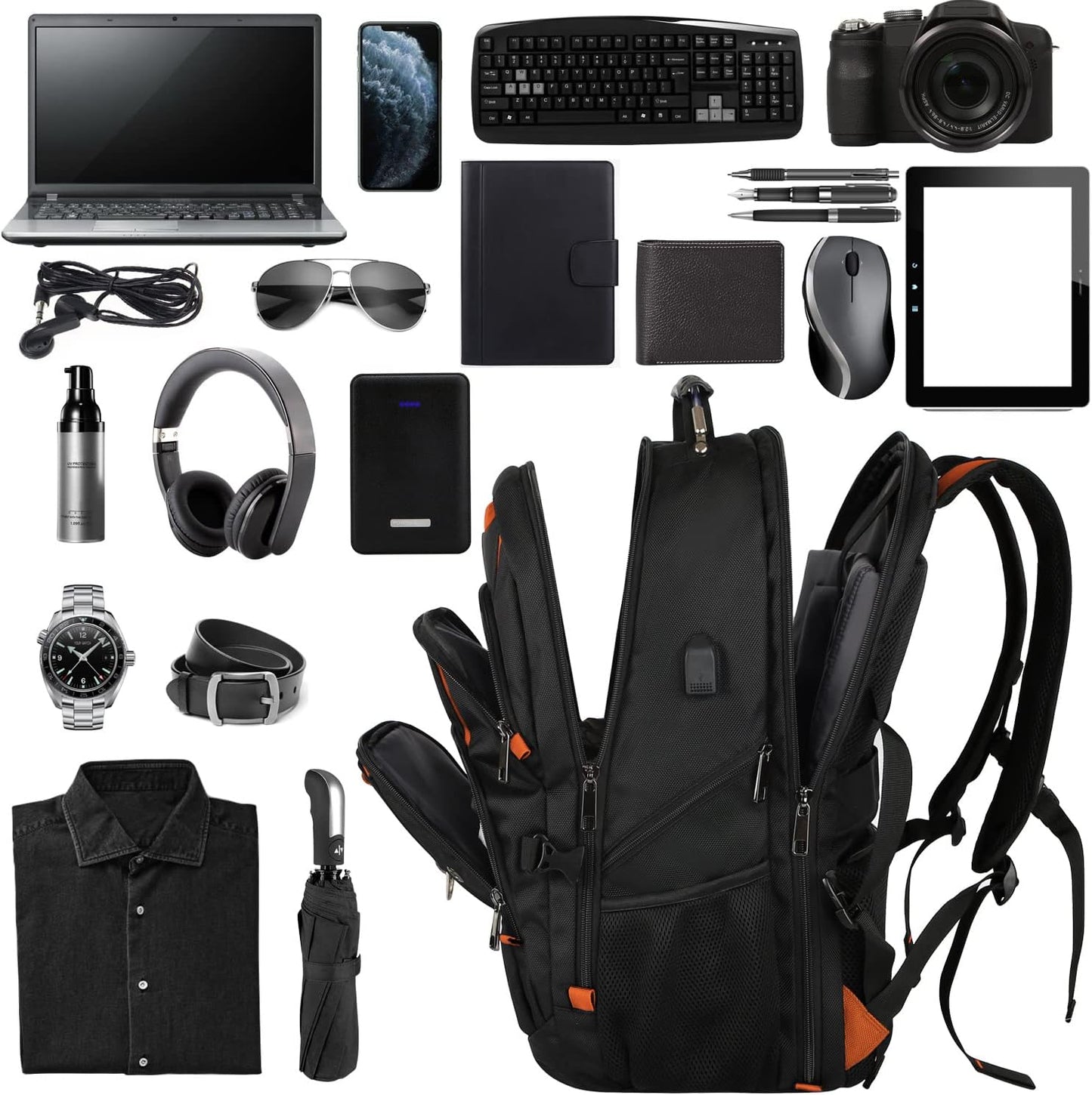 18.4 Laptop Backpack Women Men, 55L-60L Flight Approved Extra Large Travel Backpack RFID Anti Theft and TSA Friendly Backpack, Water Resistant College School Heavy Duty With USB Charging Port, Orange